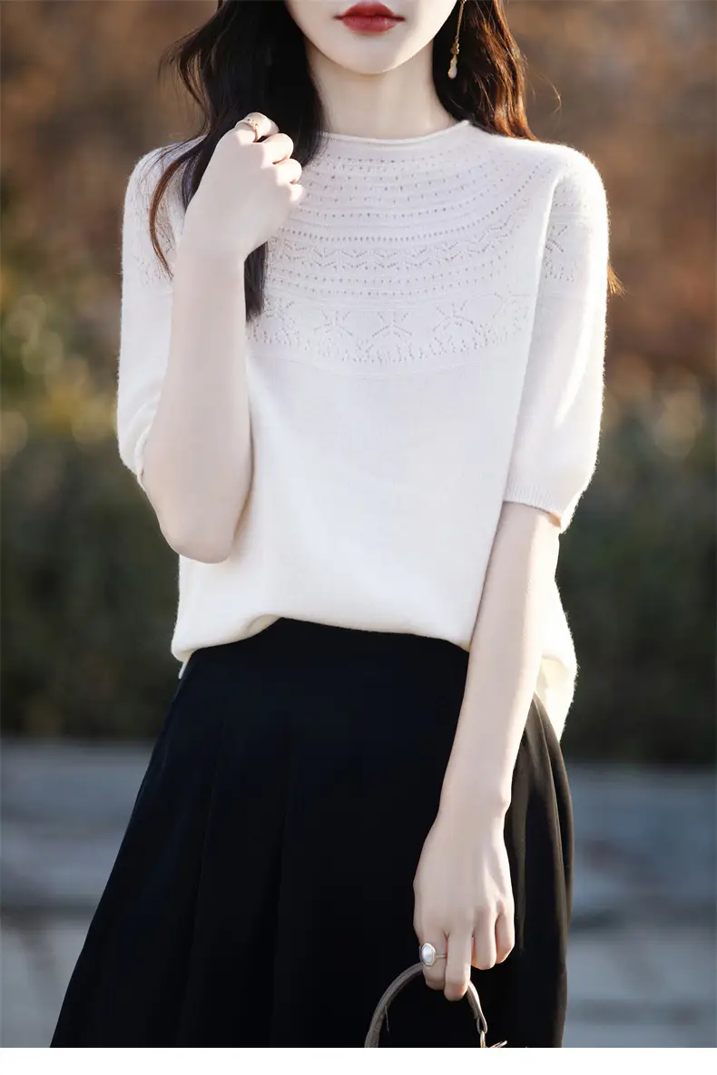 Women's Black Ribbed Short Sleeve Sweater 2025 Spring — feature 36