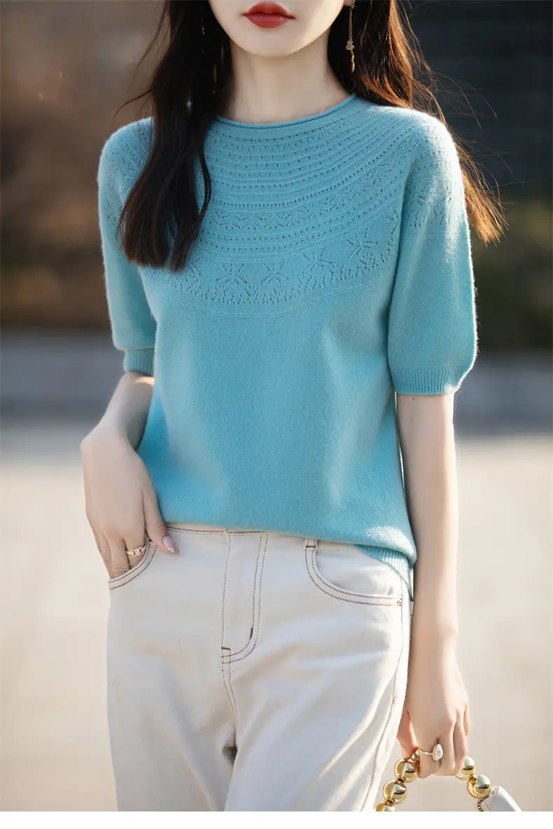 Women's Black Ribbed Short Sleeve Sweater 2025 Spring — feature 37