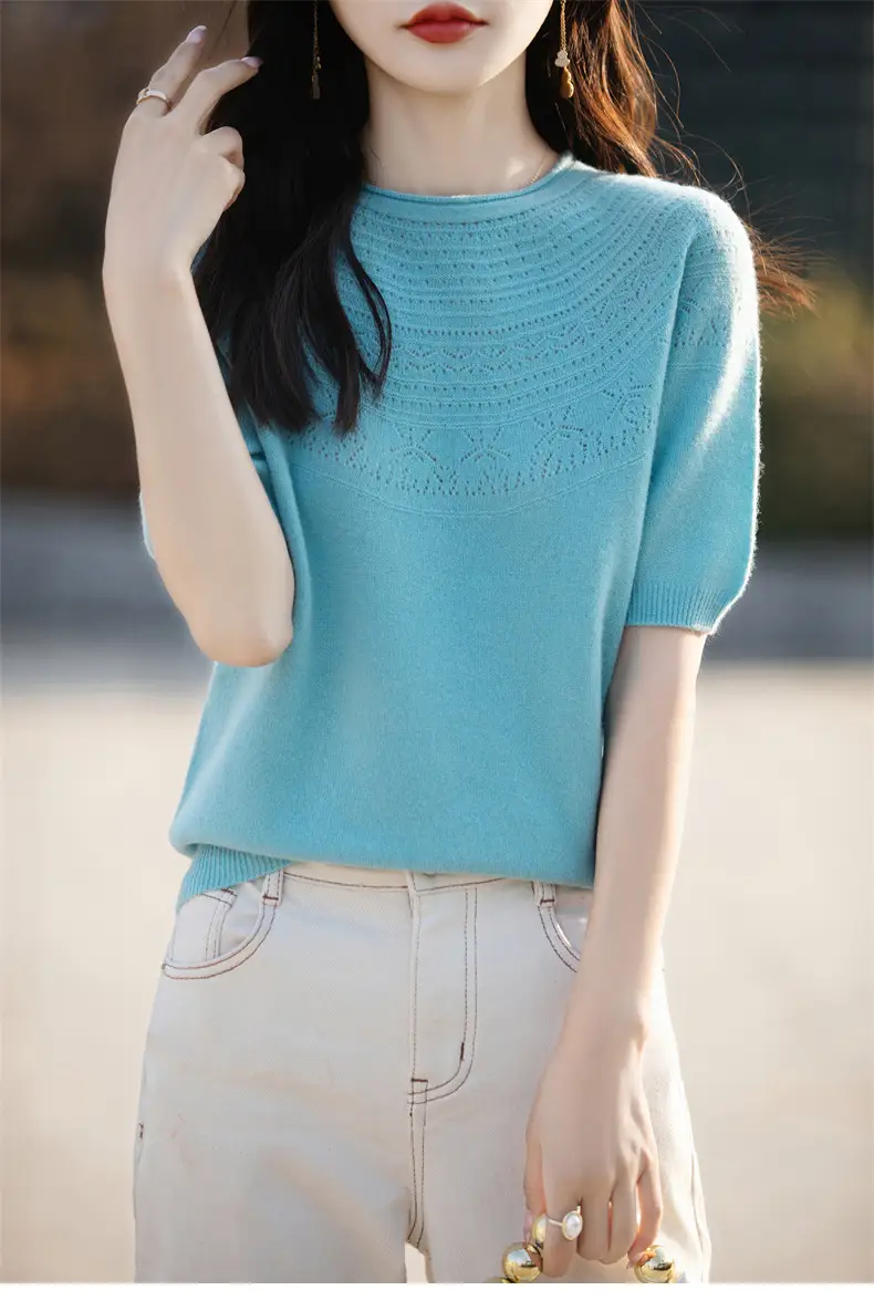 Women's Black Ribbed Short Sleeve Sweater 2025 Spring — feature 38