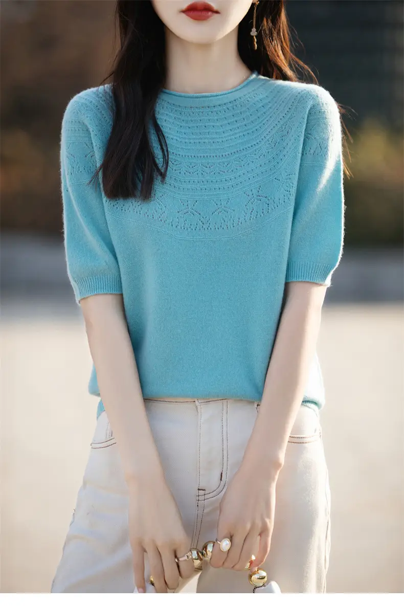 Women's Black Ribbed Short Sleeve Sweater 2025 Spring — feature 39