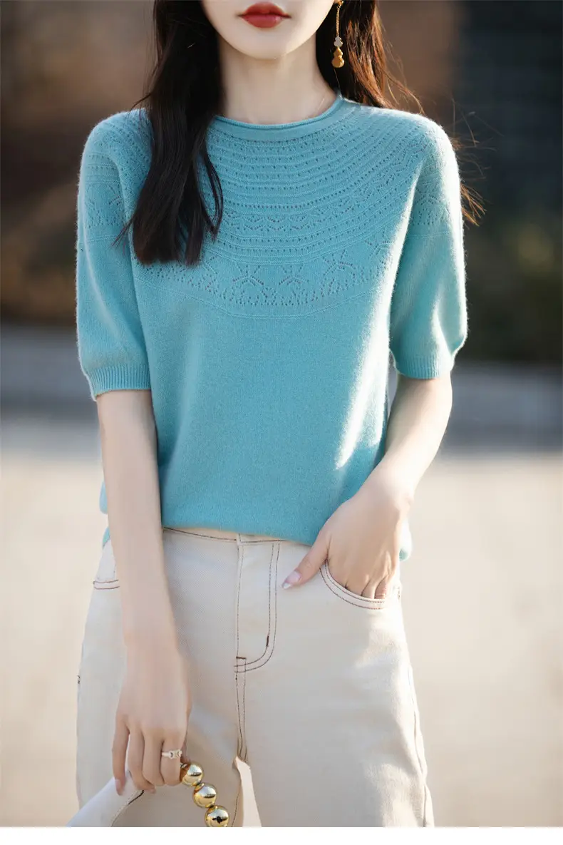 Women's Black Ribbed Short Sleeve Sweater 2025 Spring — feature 40