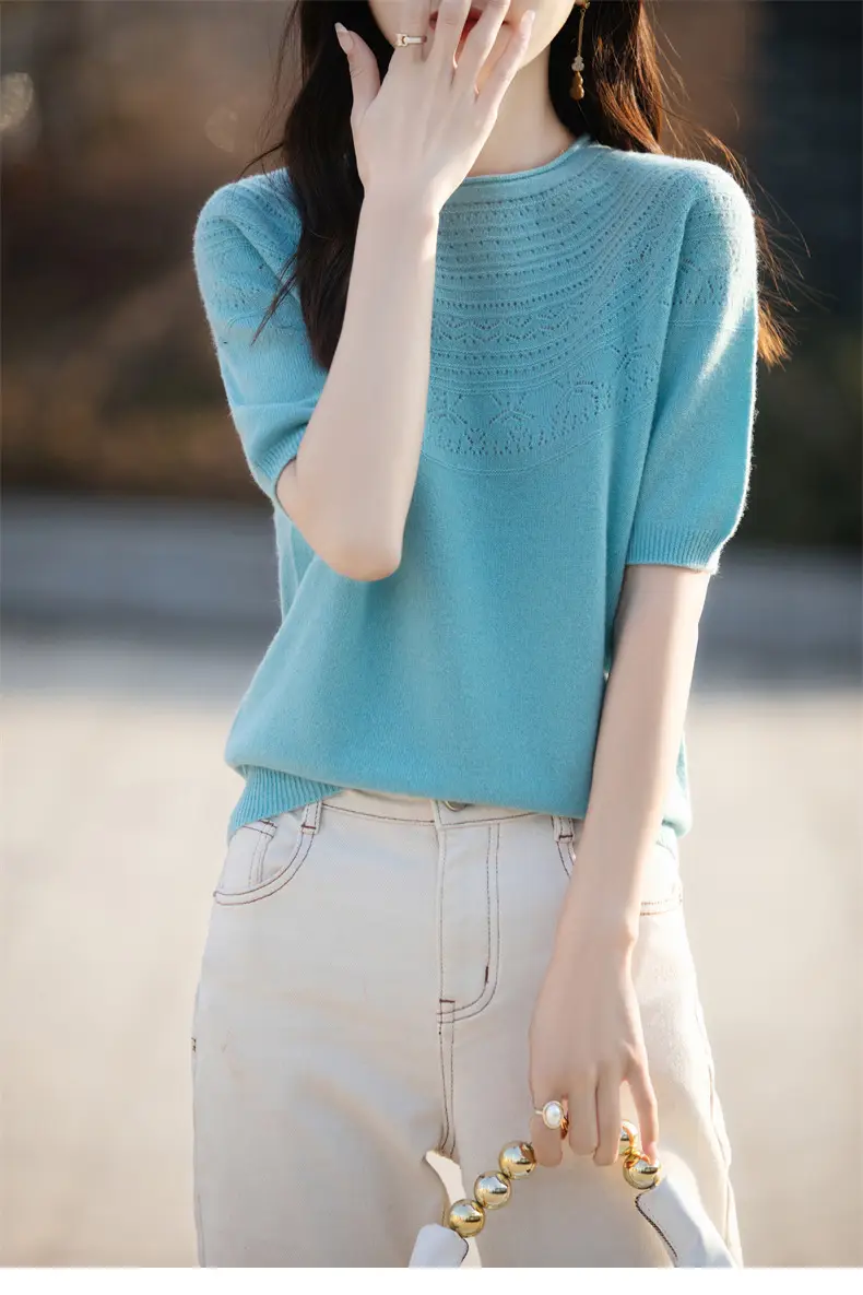 Women's Black Ribbed Short Sleeve Sweater 2025 Spring — feature 41