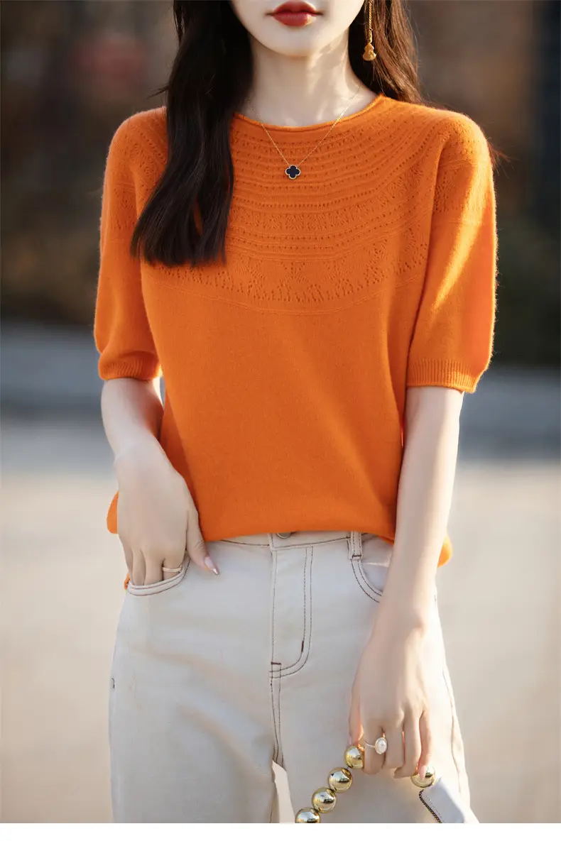 Women's Black Ribbed Short Sleeve Sweater 2025 Spring — feature 42