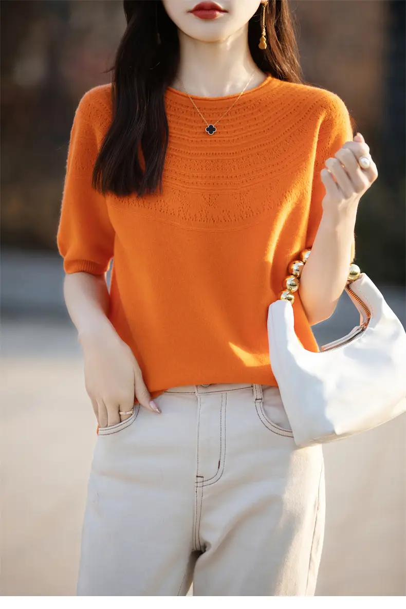 Women's Black Ribbed Short Sleeve Sweater 2025 Spring — feature 43