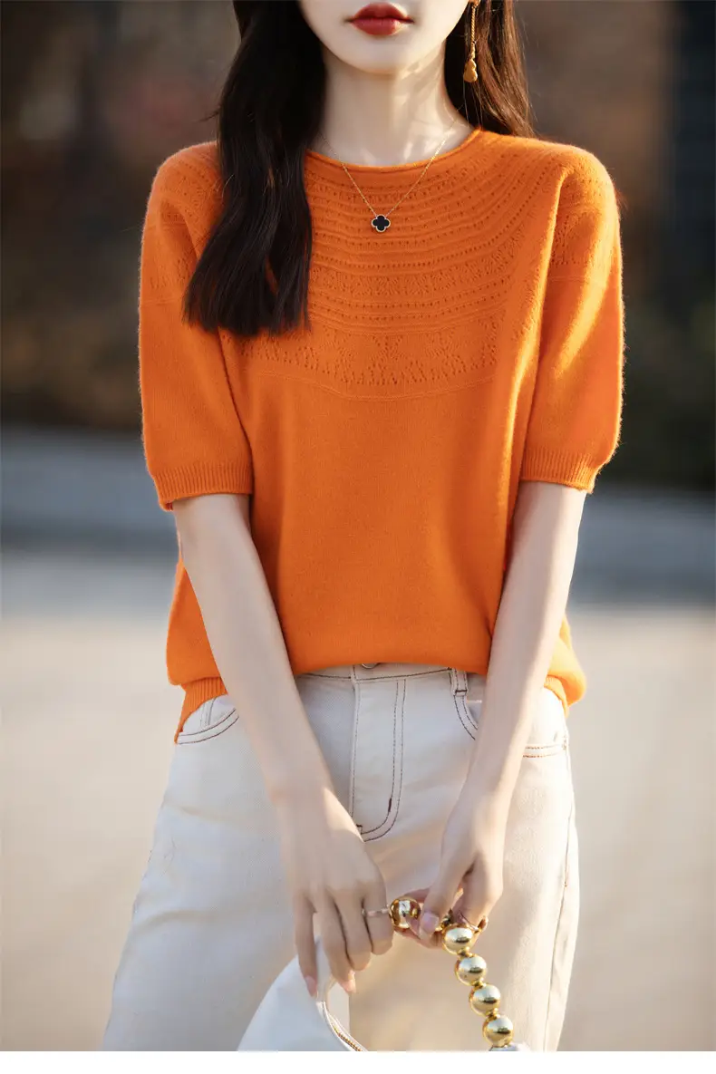 Women's Black Ribbed Short Sleeve Sweater 2025 Spring — feature 44