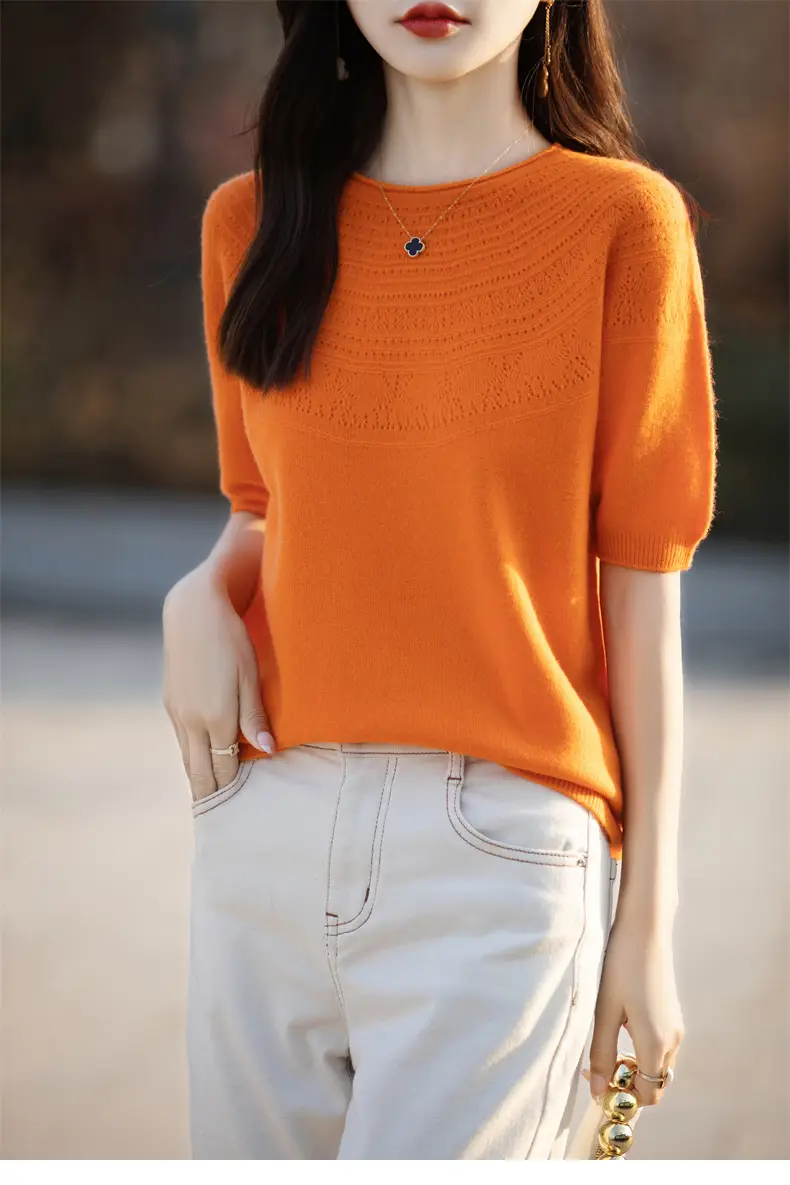 Women's Black Ribbed Short Sleeve Sweater 2025 Spring — feature 45