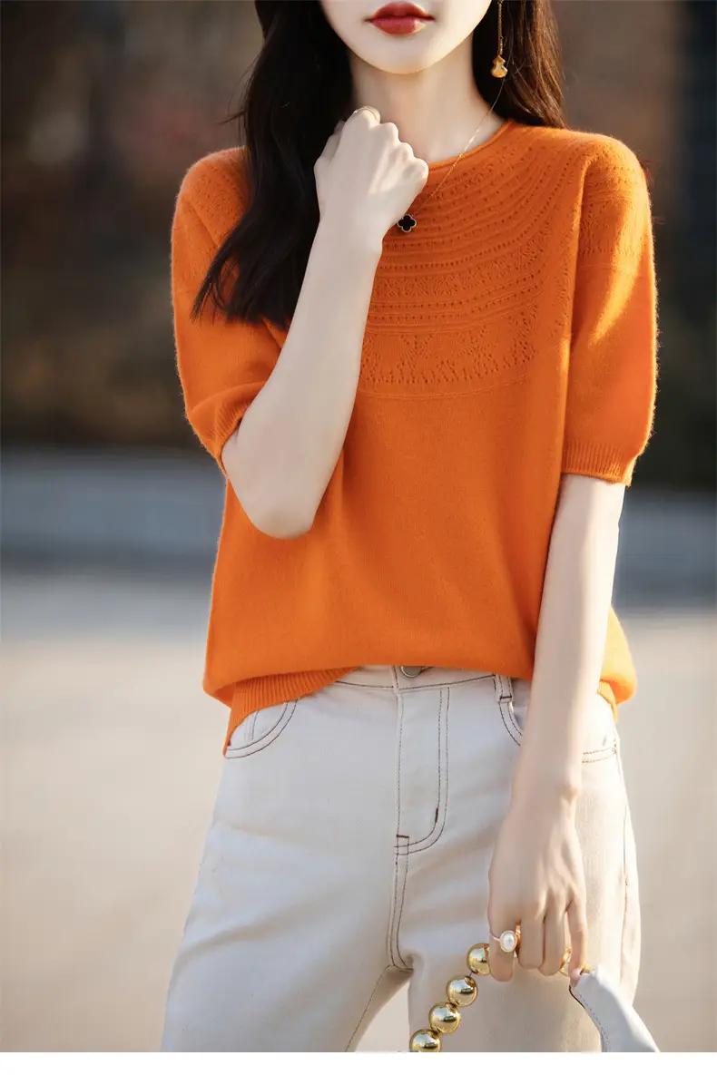 Women's Black Ribbed Short Sleeve Sweater 2025 Spring — feature 46