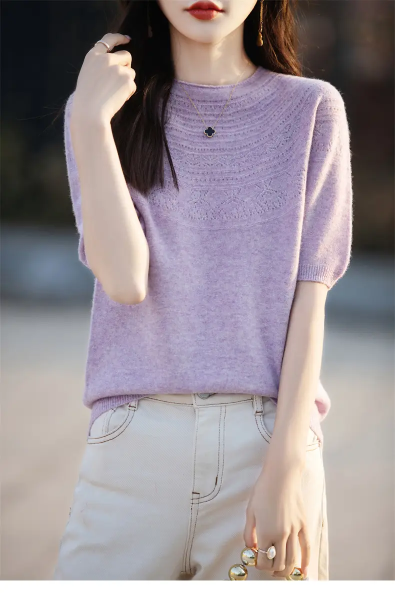 Women's Black Ribbed Short Sleeve Sweater 2025 Spring — feature 47