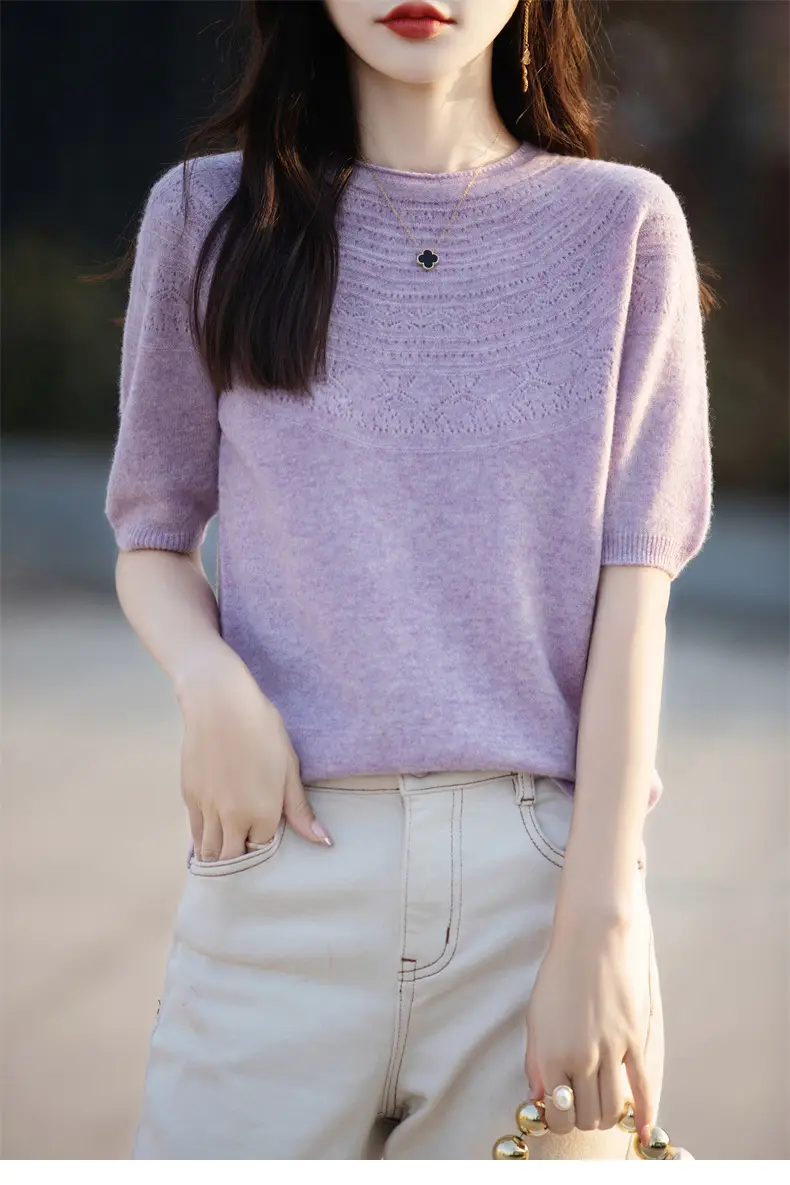 Women's Black Ribbed Short Sleeve Sweater 2025 Spring — feature 48