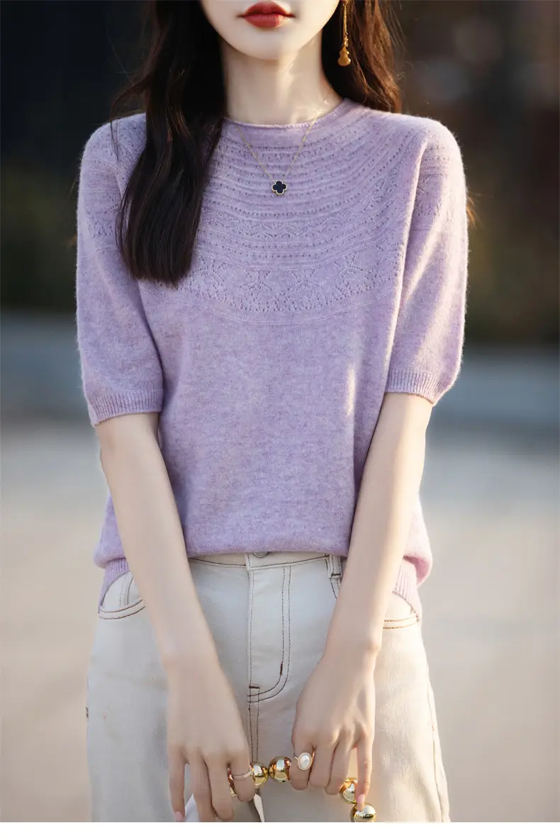 Women's Black Ribbed Short Sleeve Sweater 2025 Spring — feature 49