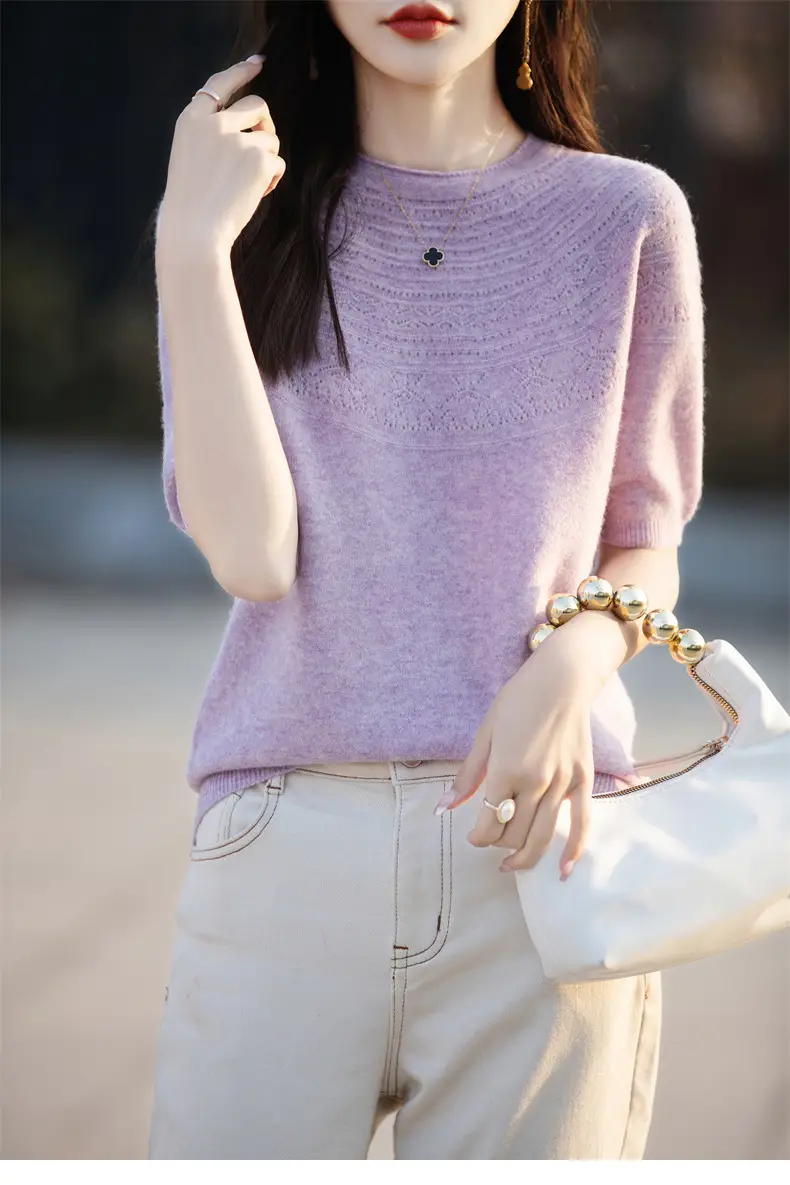 Women's Black Ribbed Short Sleeve Sweater 2025 Spring — feature 50