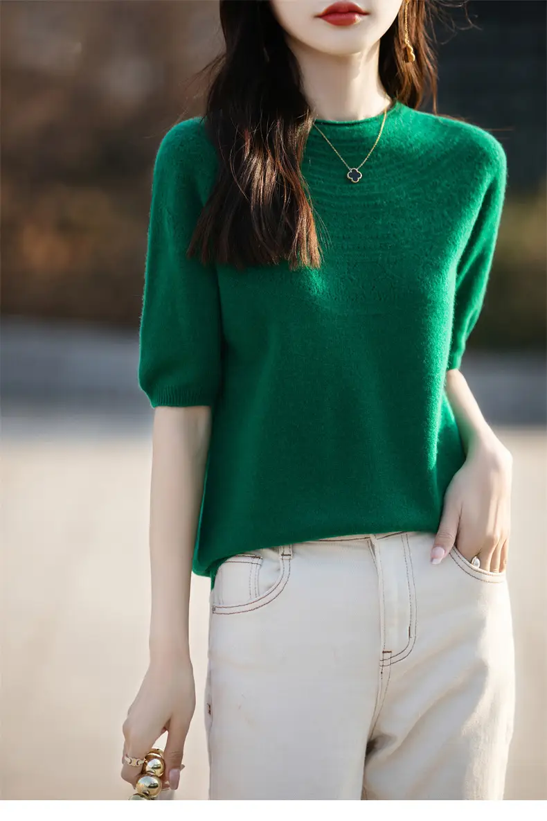 Women's Black Ribbed Short Sleeve Sweater 2025 Spring — feature 9