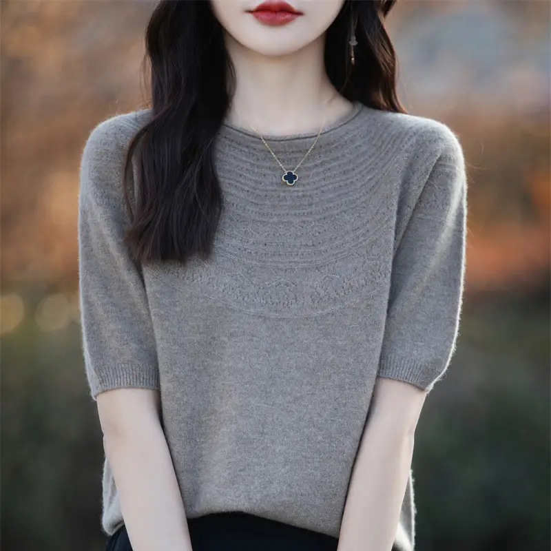 Women's Black Ribbed Short Sleeve Sweater 2025 Spring - Image 3