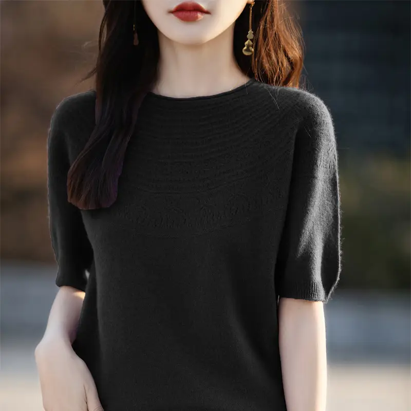 Women's Black Ribbed Short Sleeve Sweater 2025 Spring - Image 5