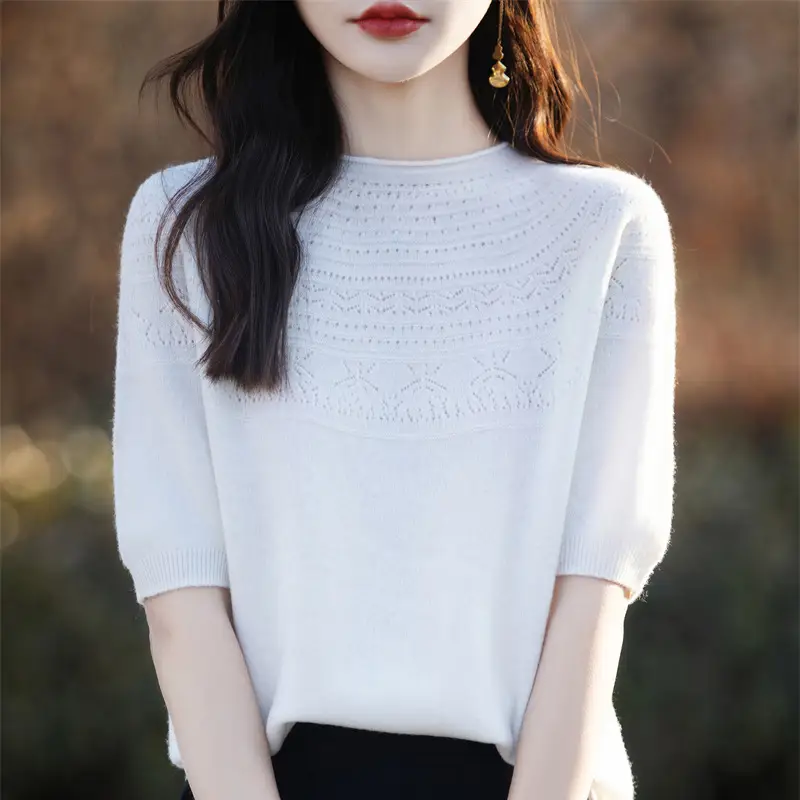 Women's Black Ribbed Short Sleeve Sweater 2025 Spring - Image 6