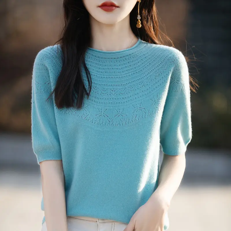 Women's Black Ribbed Short Sleeve Sweater 2025 Spring - Image 7