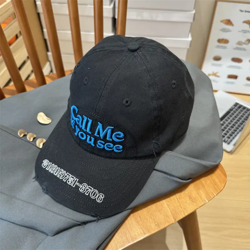Black Embroidered Call Me If You See Cap for Girls
