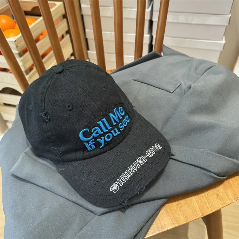 Black Embroidered Call Me If You See Cap for Girls