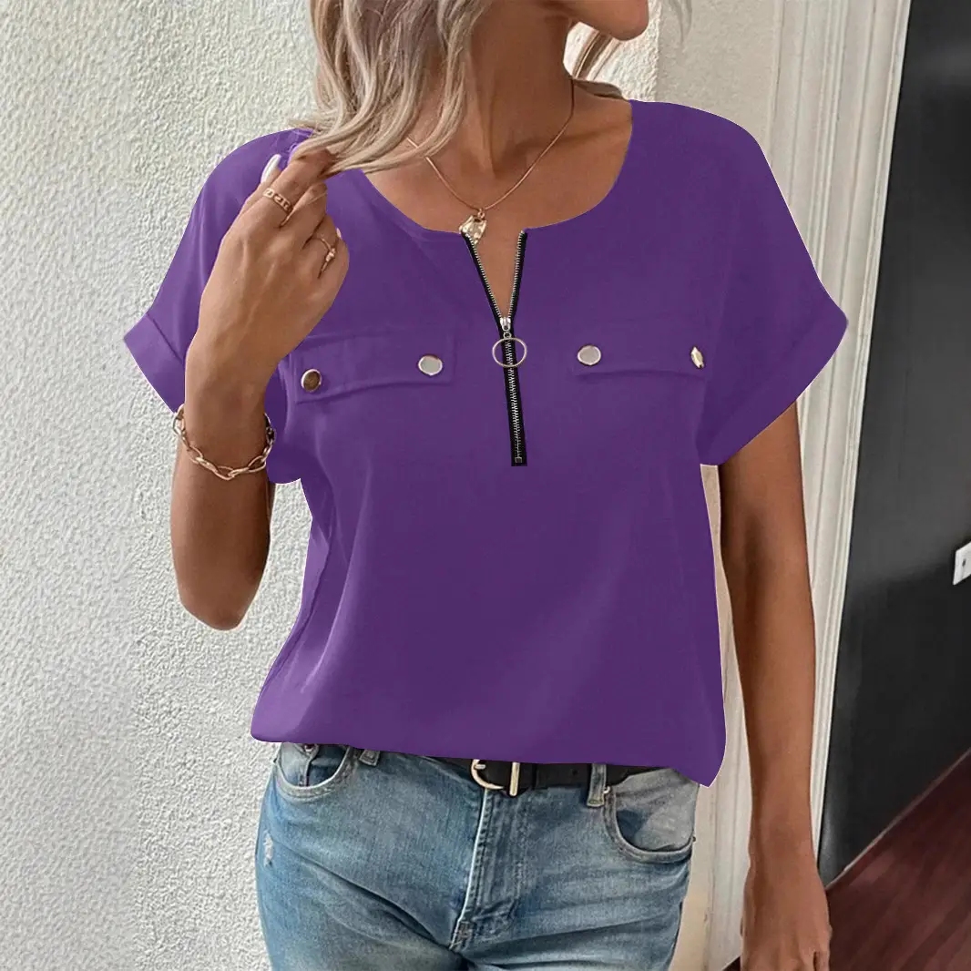 Women's 2025 Zipper Button Top T-Shirt Maroon - Image 7