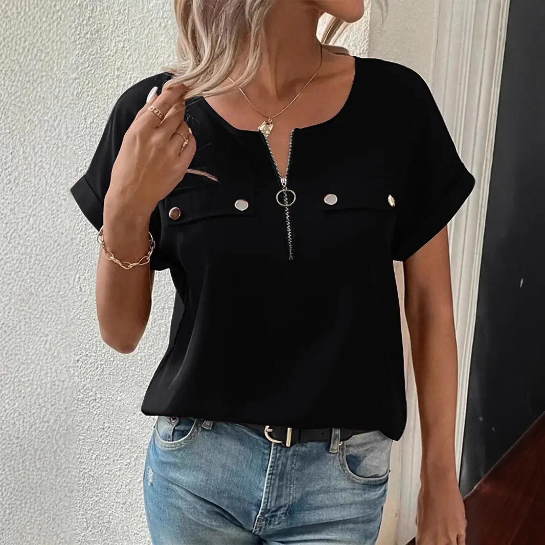 Women's 2025 Zipper Button Top T-Shirt Maroon - Image 2