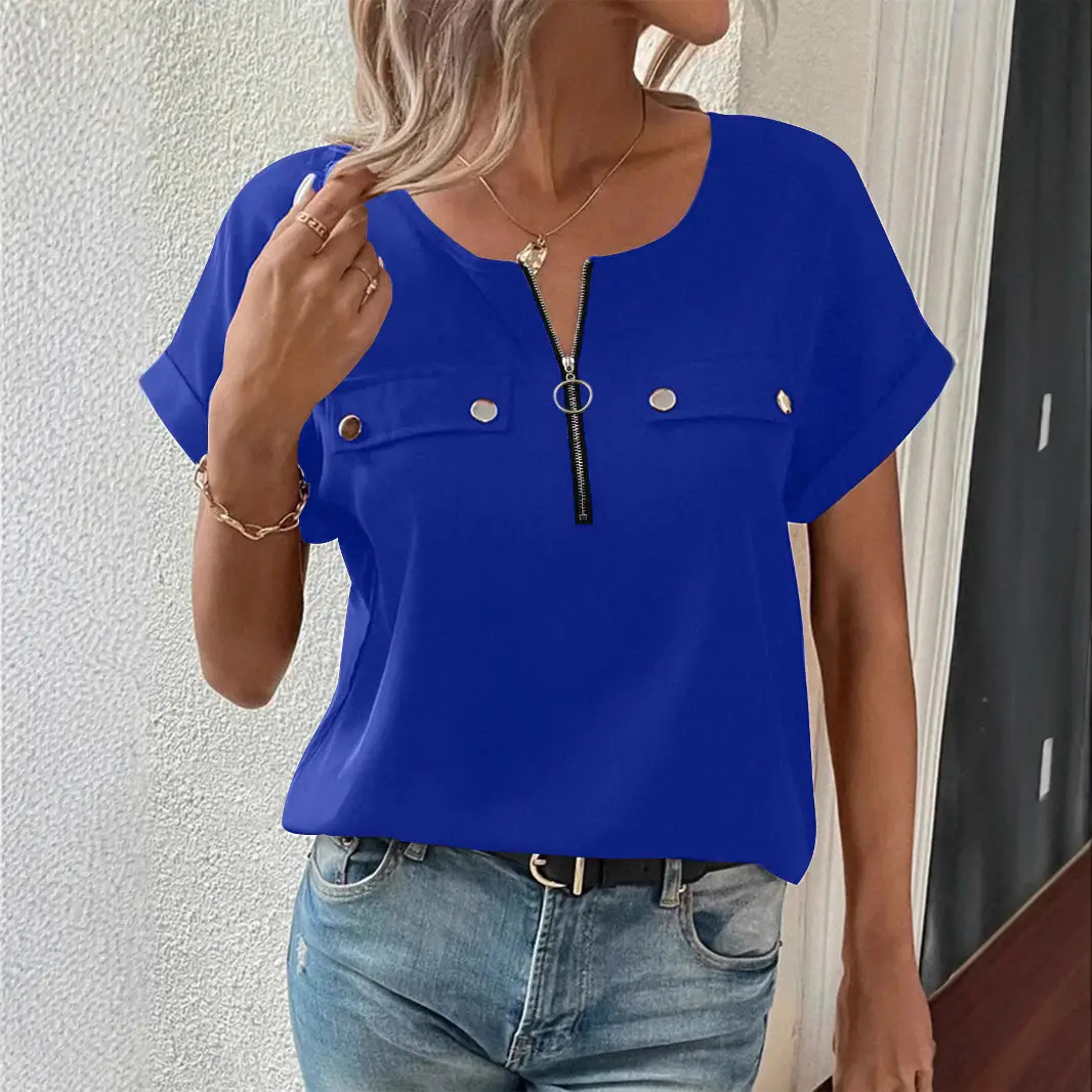 Women's 2025 Zipper Button Top T-Shirt Maroon - Image 3