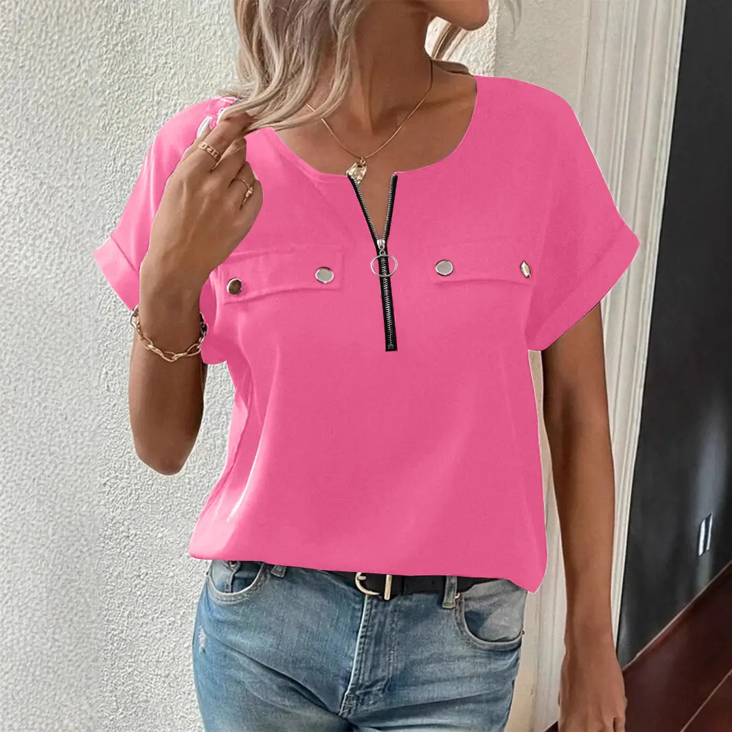 Women's 2025 Zipper Button Top T-Shirt Maroon - Image 5