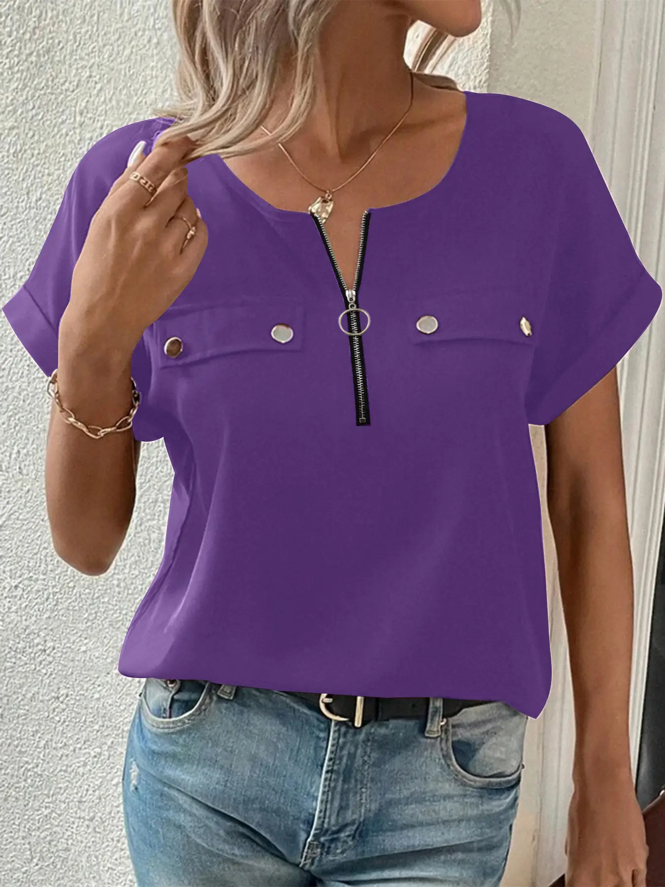 Women's 2025 Zipper Button Top T-Shirt Maroon - Image 4