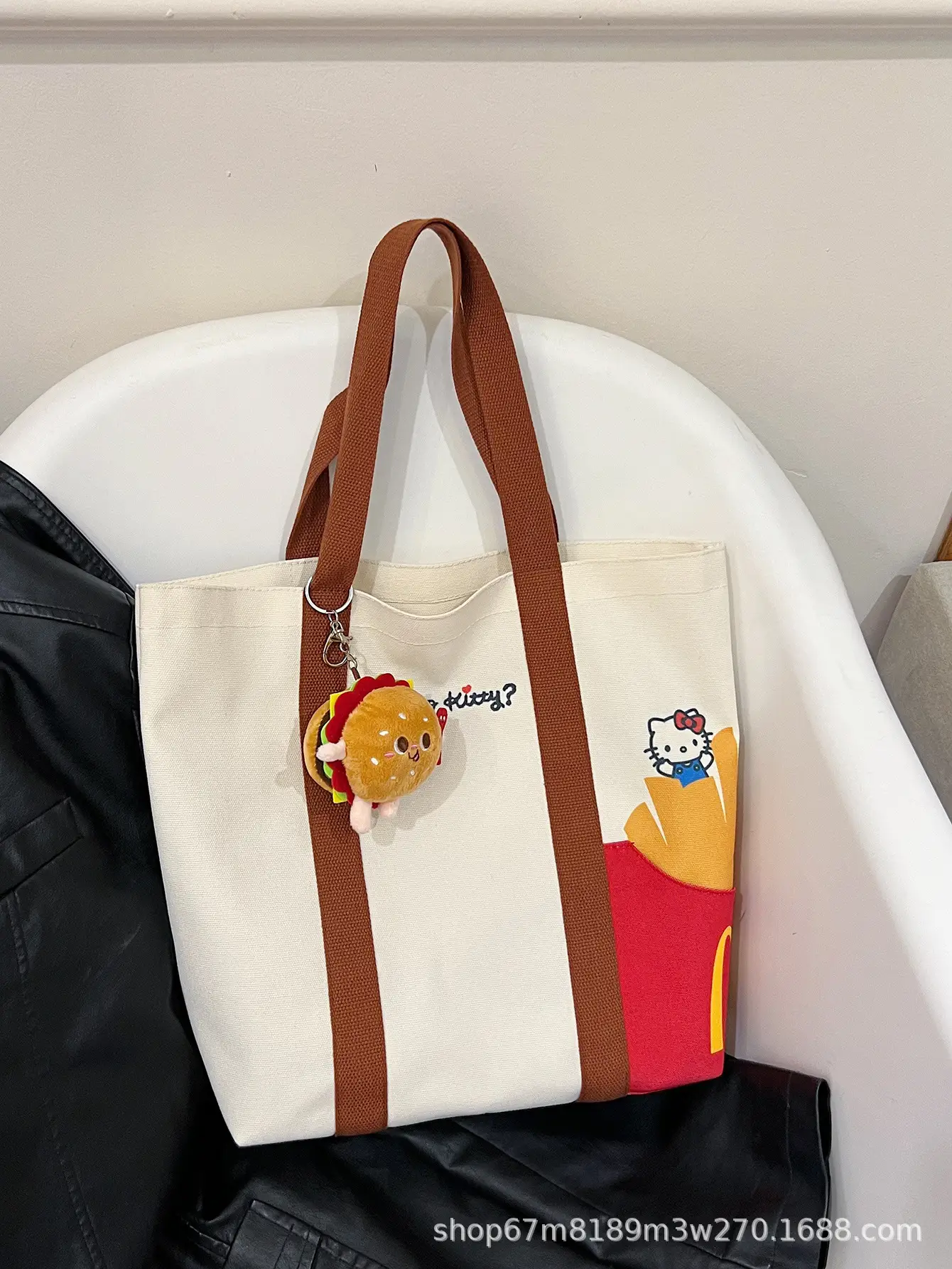 Cartoon Student Shoulder Bag White Brown Cartoon Design - Image 4