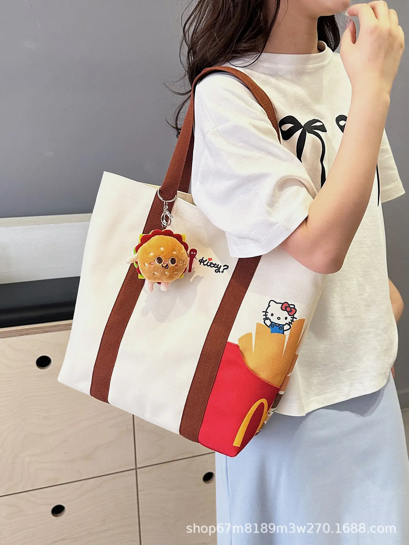 Cartoon Student Shoulder Bag White Brown Cartoon Design - Image 5
