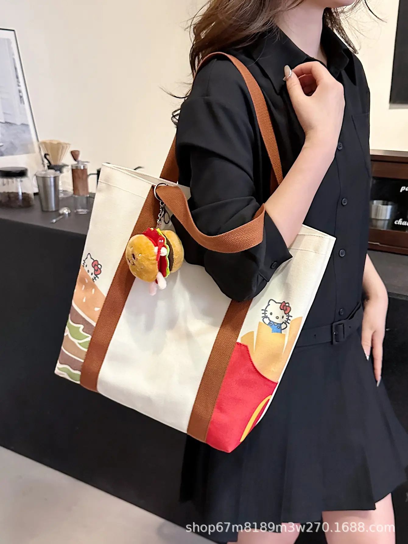 Cartoon Student Shoulder Bag White Brown Cartoon Design - Image 6