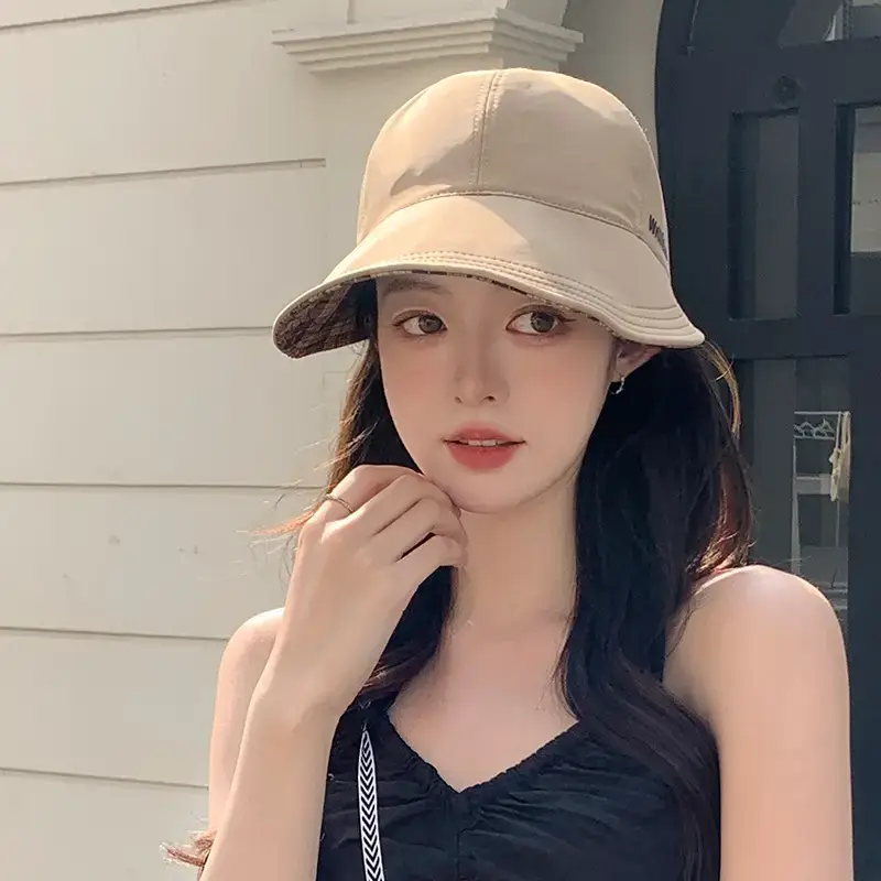 Women's White Plaid Sun Hat with Wide Brim — feature 19