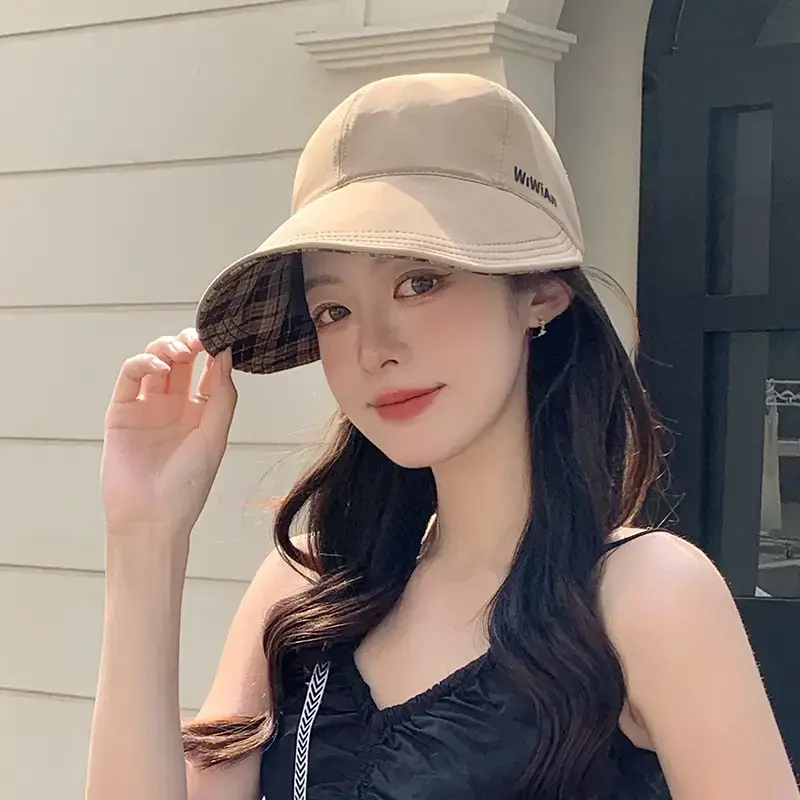 Women's White Plaid Sun Hat with Wide Brim — feature 20
