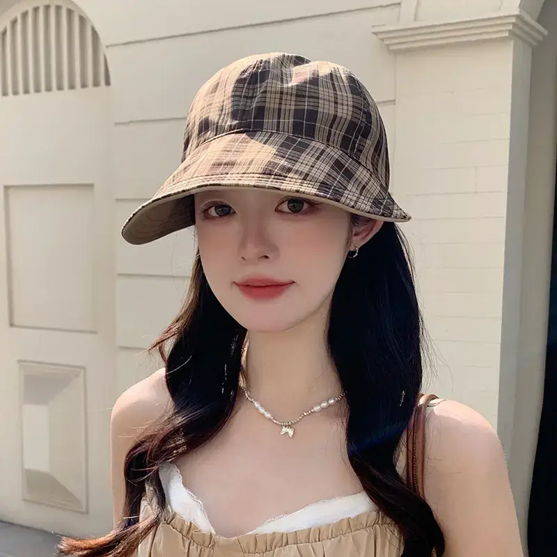 Women's White Plaid Sun Hat with Wide Brim — feature 22