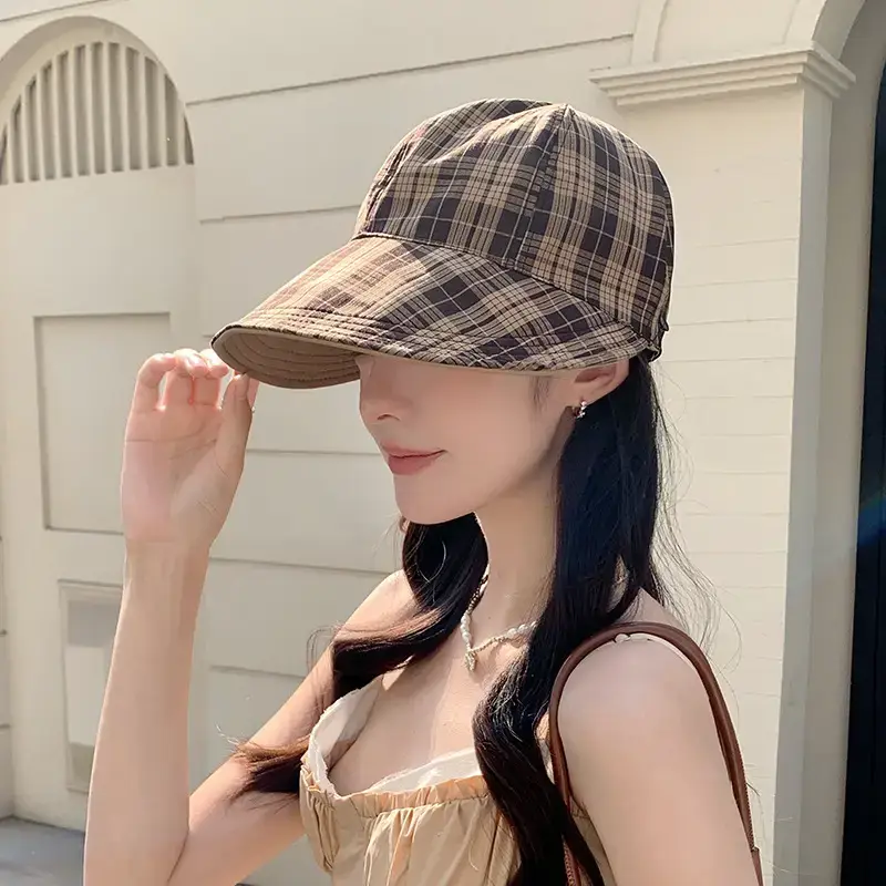 Women's White Plaid Sun Hat with Wide Brim — feature 23
