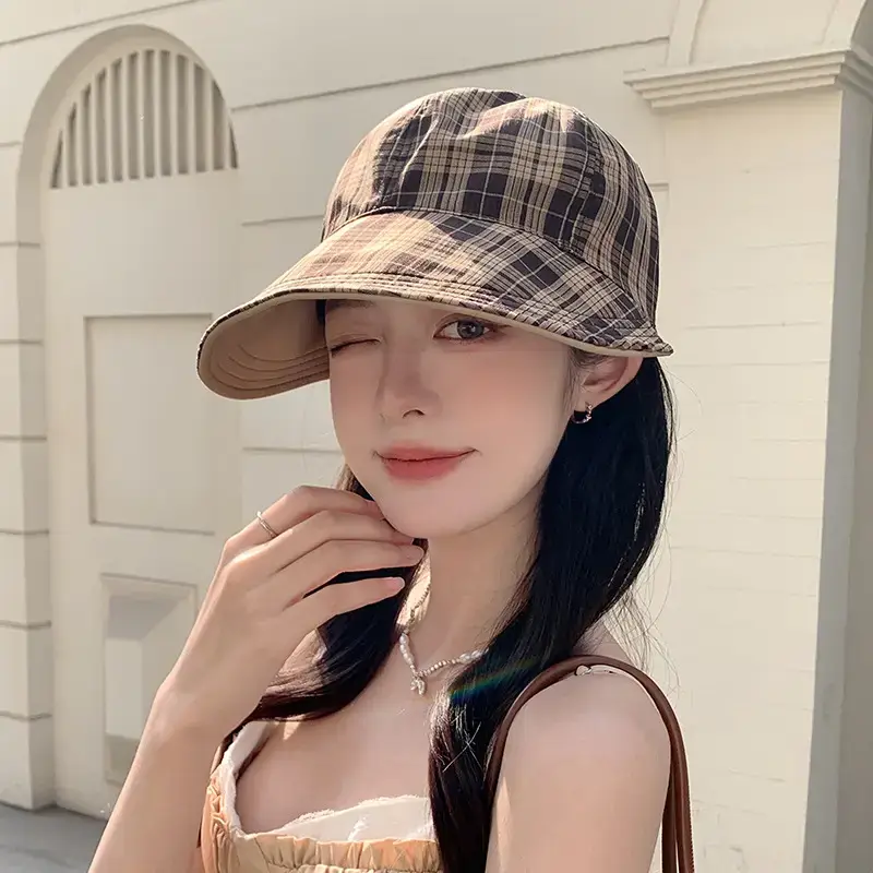Women's White Plaid Sun Hat with Wide Brim — feature 24