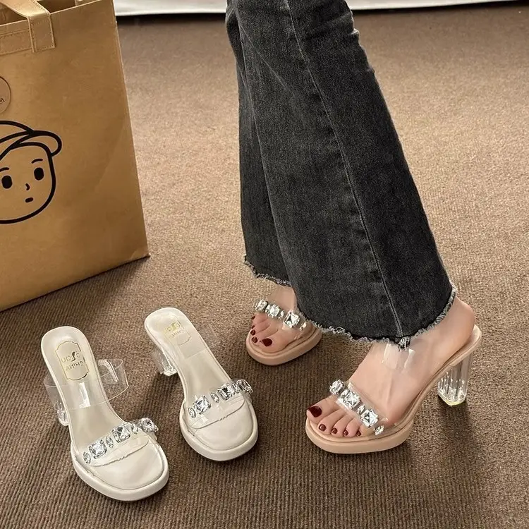 Women White Rhinestone Heel Sandals 2025