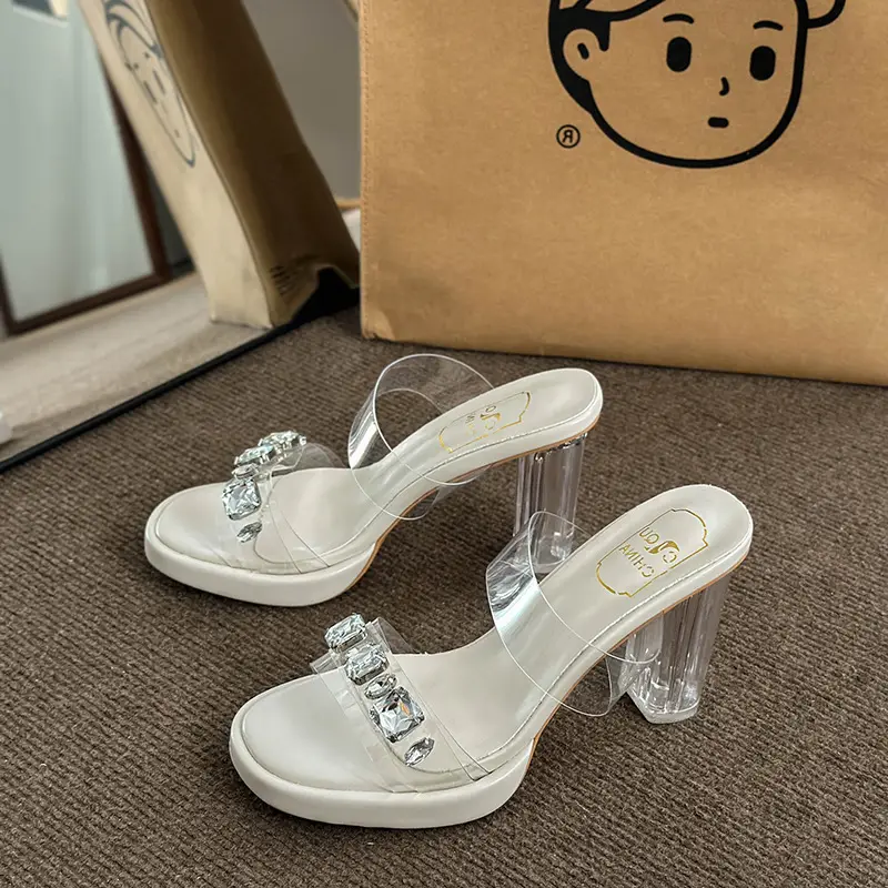 Women White Rhinestone Heel Sandals 2025