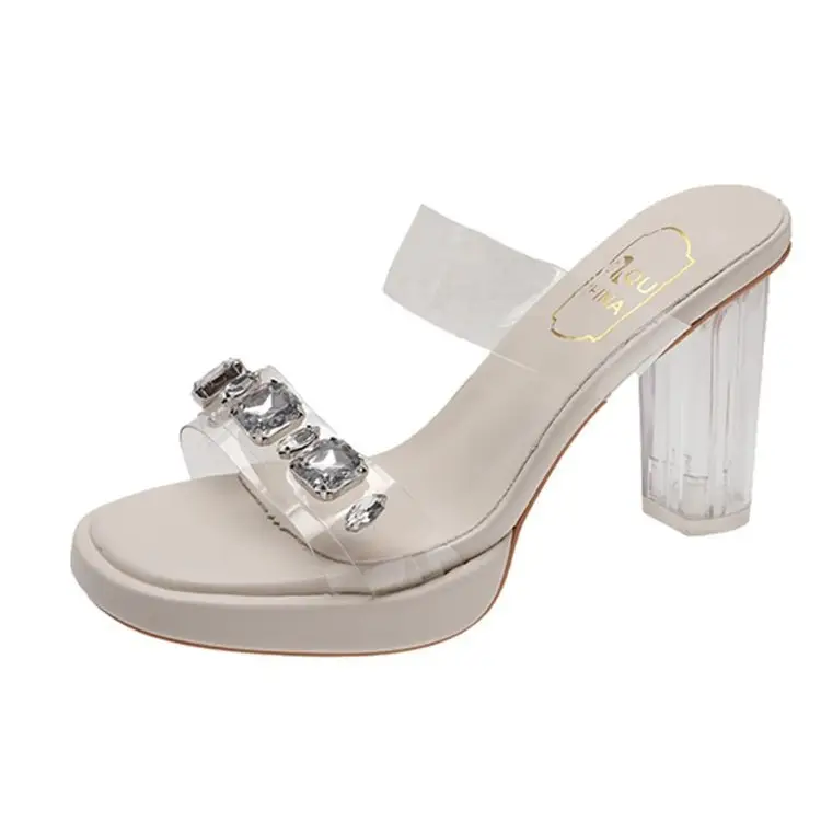 Women White Rhinestone Heel Sandals 2025