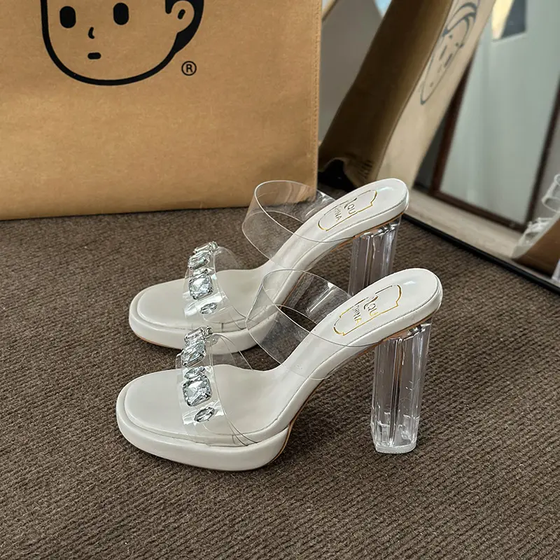 Transparent Rhinestone Thick-Soled Fairy-Style Sexy Crystal Chunky Heel Sandals for Women, Summer 2026 New Model for Outdoor Wear
