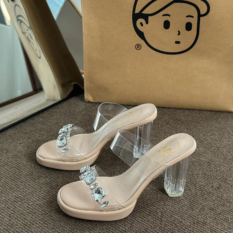 Transparent Rhinestone Thick-Soled Fairy-Style Sexy Crystal Chunky Heel Sandals for Women, Summer 2026 New Model for Outdoor Wear