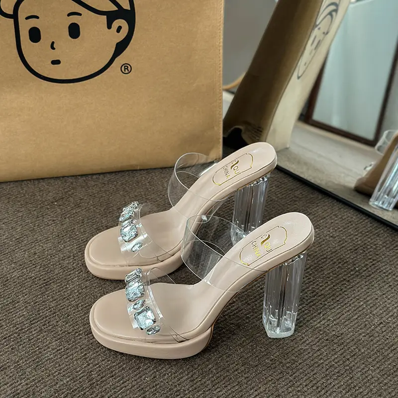 Transparent Rhinestone Thick-Soled Fairy-Style Sexy Crystal Chunky Heel Sandals for Women, Summer 2026 New Model for Outdoor Wear
