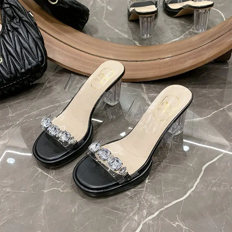 Transparent Rhinestone Thick-Soled Fairy-Style Sexy Crystal Chunky Heel Sandals for Women, Summer 2026 New Model for Outdoor Wear