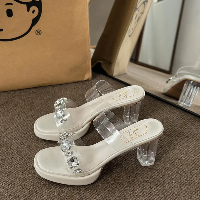 Transparent Rhinestone Thick-Soled Fairy-Style Sexy Crystal Chunky Heel Sandals for Women, Summer 2026 New Model for Outdoor Wear