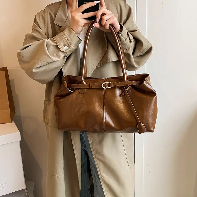 2026 Women's Brown Leather Tote Bag with Buckle Handle - Image 5
