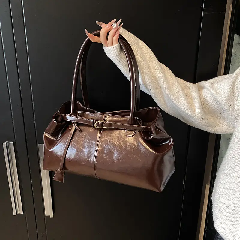2026 Women's Brown Leather Tote Bag with Buckle Handle - Image 6