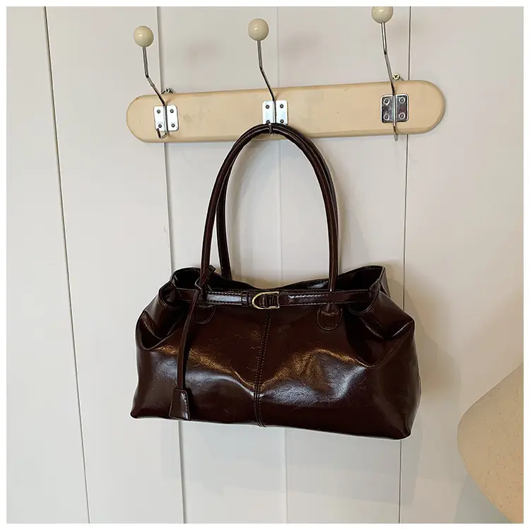 2026 Women's Brown Leather Tote Bag with Buckle Handle — feature 10