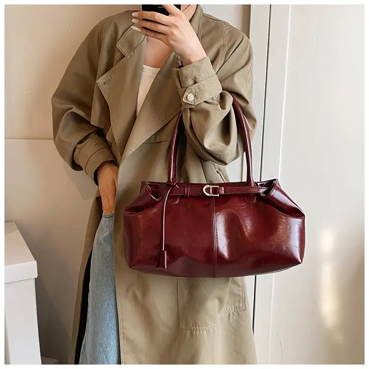 2026 Women's Brown Leather Tote Bag with Buckle Handle — feature 12