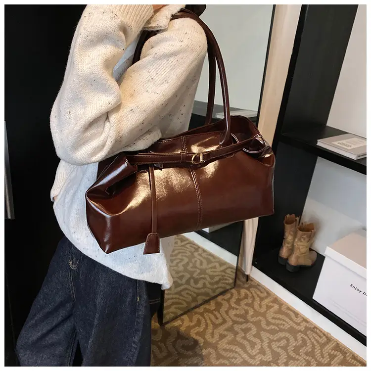 2026 Women's Brown Leather Tote Bag with Buckle Handle — feature 13
