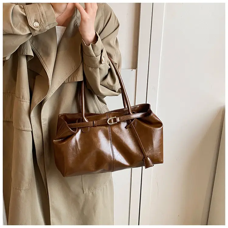 2026 Women's Brown Leather Tote Bag with Buckle Handle — feature 15