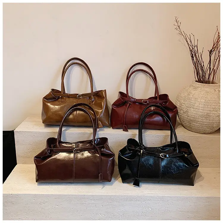 2026 Women's Brown Leather Tote Bag with Buckle Handle — feature 19